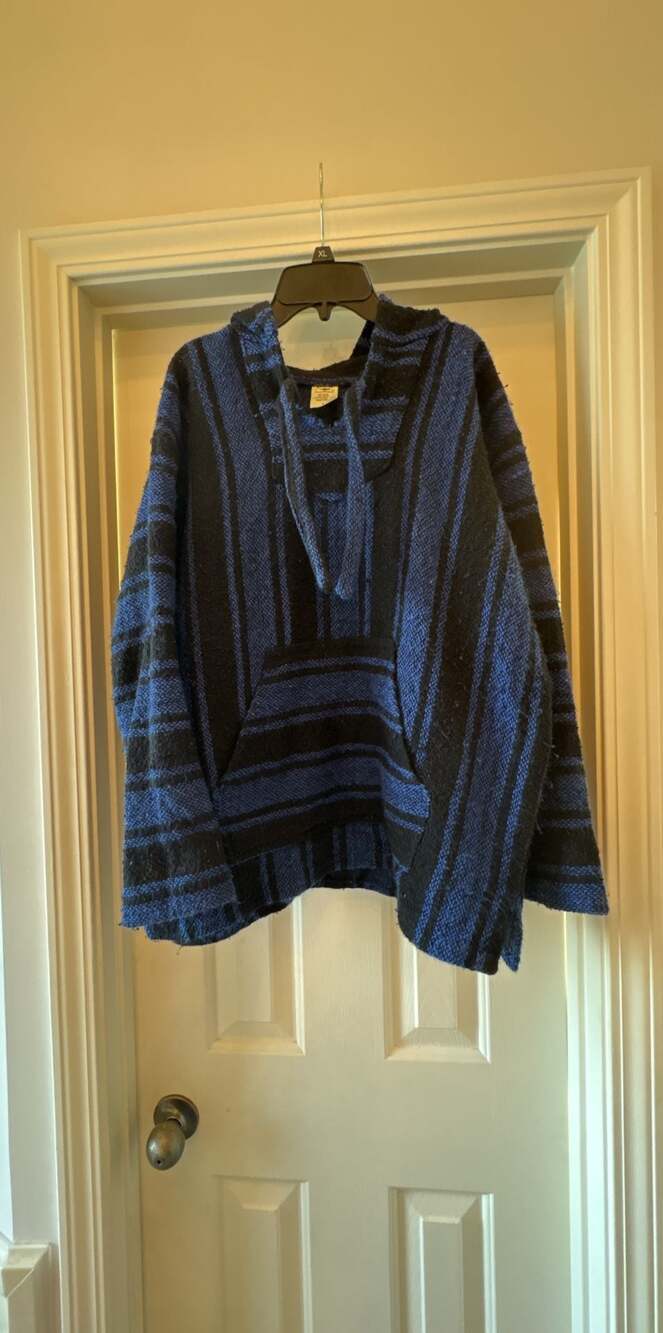 Delmex Blue and Black Striped Woven Mexican Baja Hoodie Pullover Size L